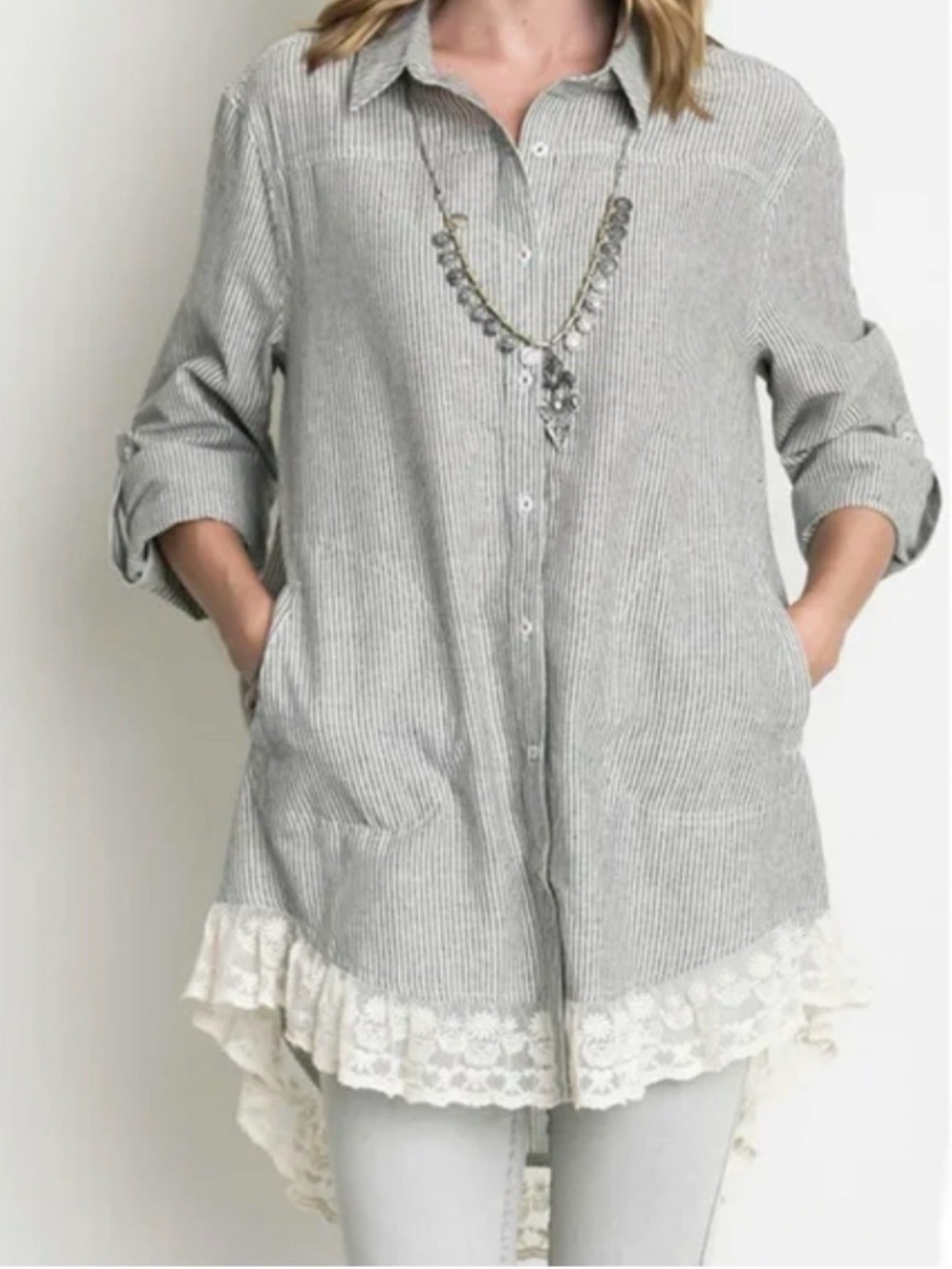 UMGEE Blue/White Striped Button Up Lace Trim Shirt Tunic Boho Sz Small